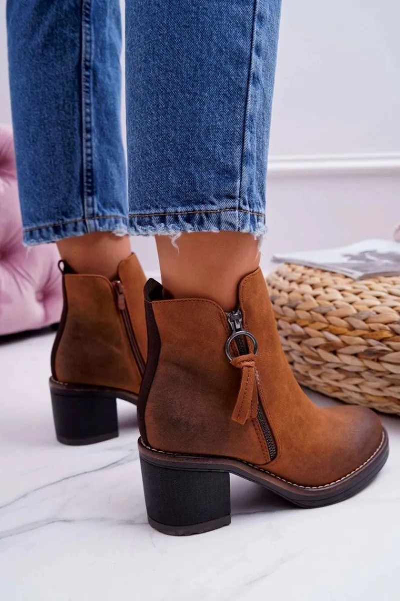 New Boto Damskie Botki Na Słupku Ocieplane Filcem Camel Delia