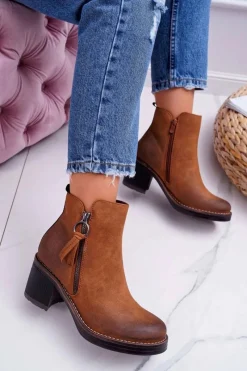 New Boto Damskie Botki Na Słupku Ocieplane Filcem Camel Delia