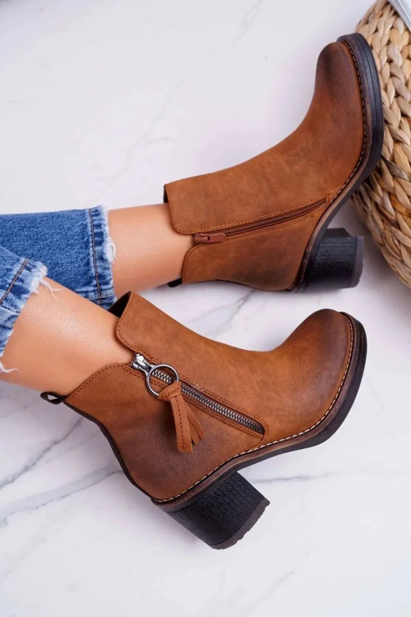 New Boto Damskie Botki Na Słupku Ocieplane Filcem Camel Delia