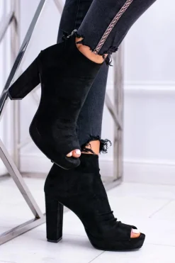 Outlet Boto Damskie Botki Na Słupku Odkryte Palce Czarne Temira