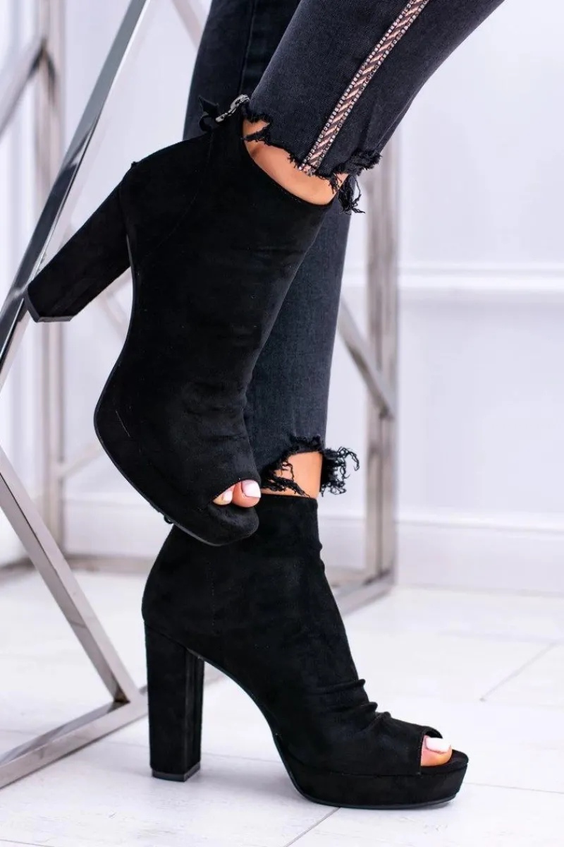 Outlet Boto Damskie Botki Na Słupku Odkryte Palce Czarne Temira