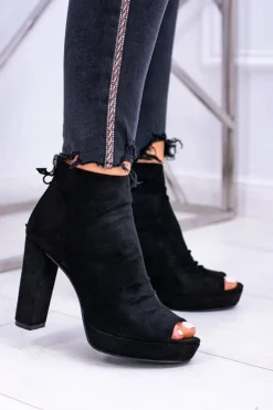 Outlet Boto Damskie Botki Na Słupku Odkryte Palce Czarne Temira