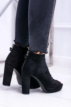 Outlet Boto Damskie Botki Na Słupku Odkryte Palce Czarne Temira