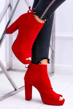 Botki Na Słupku|Botki Zamszowe>Boto Damskie Botki Na Słupku Odkryte Palce Czerwone Temira