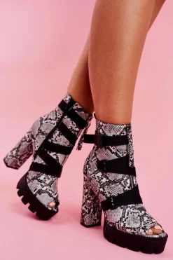 Best Boto Damskie Botki Na Słupku Open Toe Skóra Węża Gladios