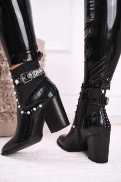 Botki Na Słupku|Czarne Botki>Boto Damskie Botki Na Słupku Perły Czarne Verbos