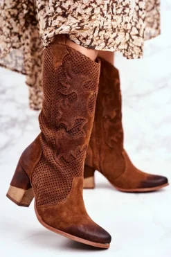 Botki Na Słupku|Brązowe I Beżowe Botki>Boto Damskie Botki Na Słupku Skórzane Wysokie Koniak Rosemary