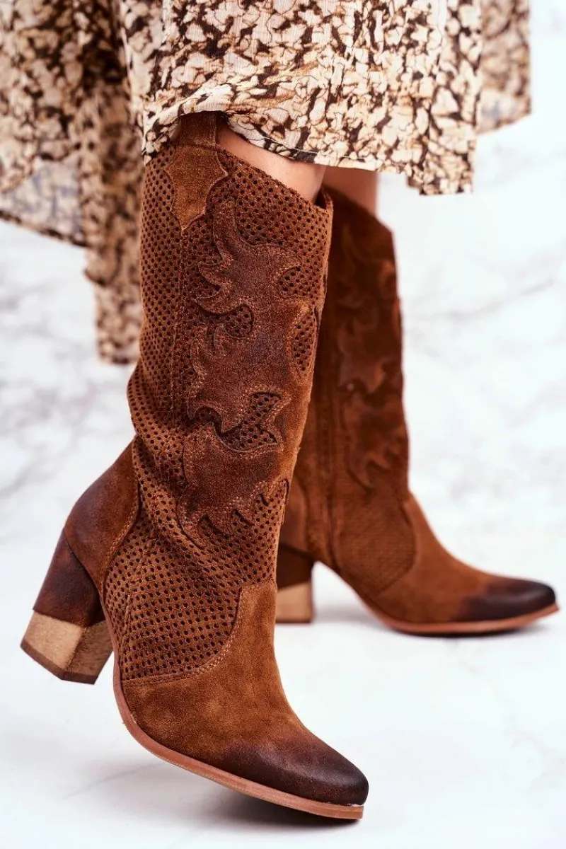 Botki Na Słupku|Brązowe I Beżowe Botki>Boto Damskie Botki Na Słupku Skórzane Wysokie Koniak Rosemary