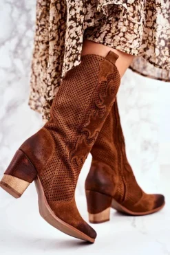 Botki Na Słupku|Brązowe I Beżowe Botki>Boto Damskie Botki Na Słupku Skórzane Wysokie Koniak Rosemary