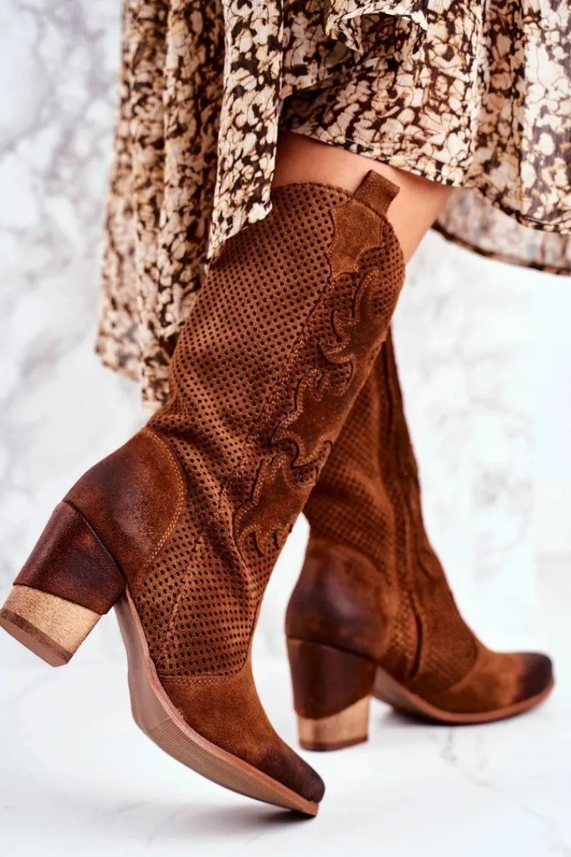 Botki Na Słupku|Brązowe I Beżowe Botki>Boto Damskie Botki Na Słupku Skórzane Wysokie Koniak Rosemary