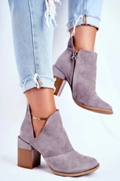 Outlet Damskie Botki Na Słupku Szare Wycięte Meliori Damskie Botki Na Słupku|Botki Na Obcasie