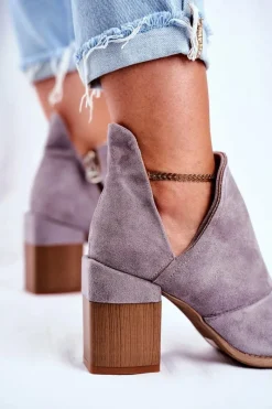 Outlet Damskie Botki Na Słupku Szare Wycięte Meliori Damskie Botki Na Słupku|Botki Na Obcasie