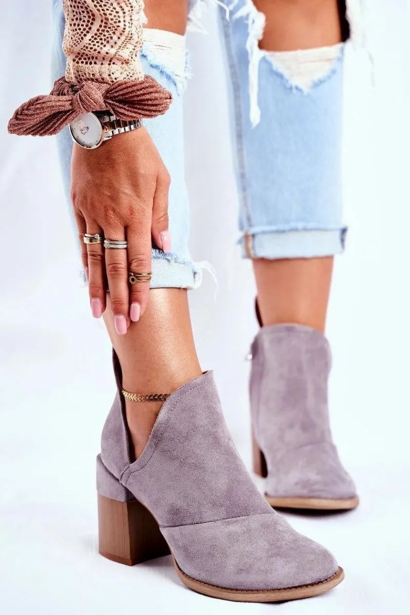 Outlet Damskie Botki Na Słupku Szare Wycięte Meliori Damskie Botki Na Słupku|Botki Na Obcasie