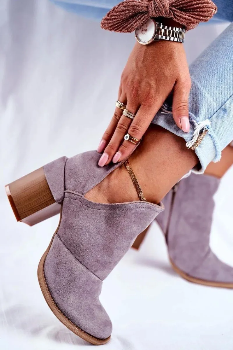 Outlet Damskie Botki Na Słupku Szare Wycięte Meliori Damskie Botki Na Słupku|Botki Na Obcasie