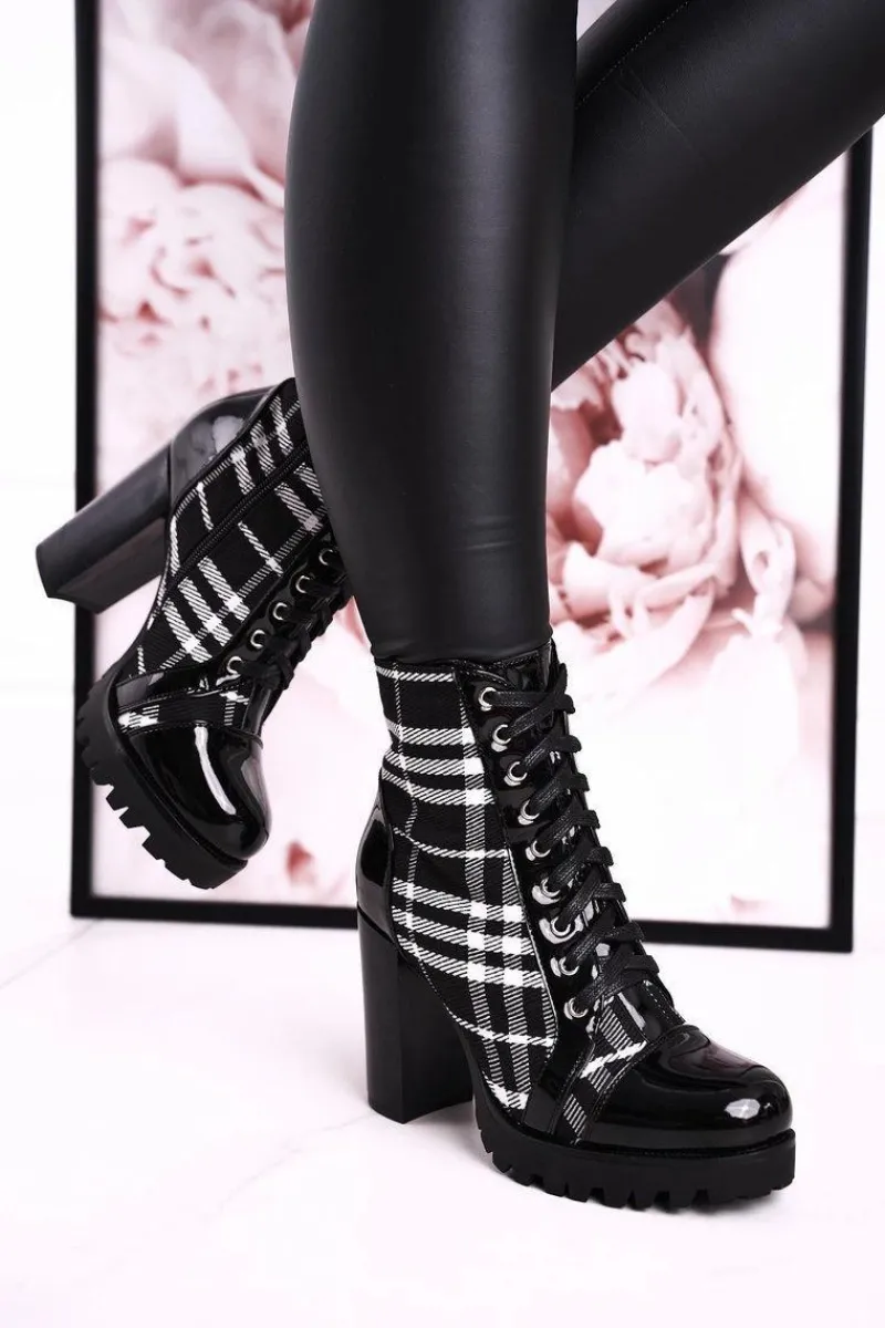 Outlet Damskie Botki Na Słupku W Kratę Czarne Blair Damskie Botki Sznurowane|Botki Na Słupku