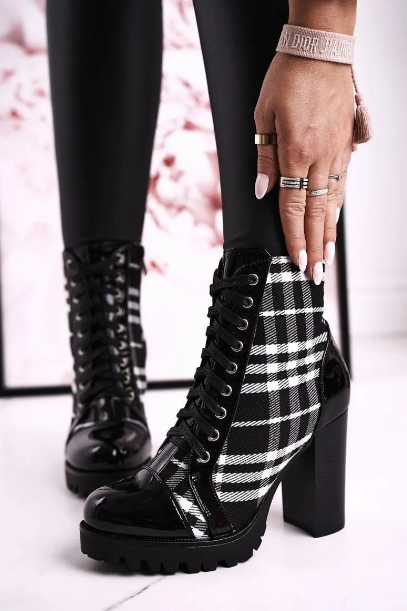 Outlet Damskie Botki Na Słupku W Kratę Czarne Blair Damskie Botki Sznurowane|Botki Na Słupku