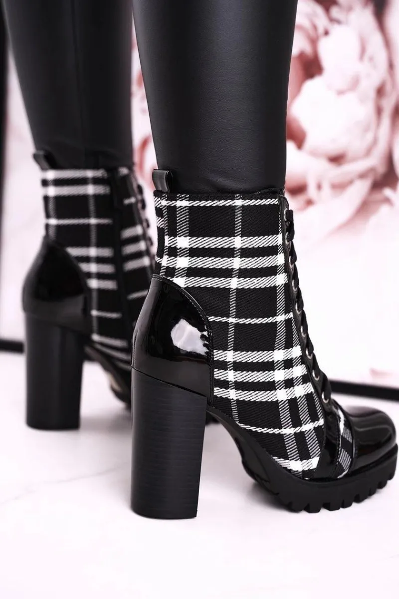 Outlet Damskie Botki Na Słupku W Kratę Czarne Blair Damskie Botki Sznurowane|Botki Na Słupku