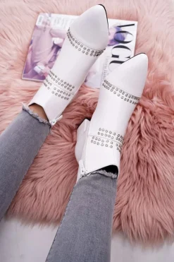 Damskie Botki Na Słupku W Szpic Z Nitami Białe Primma Damskie Botki Na Słupku|Botki Zimowe Damskie