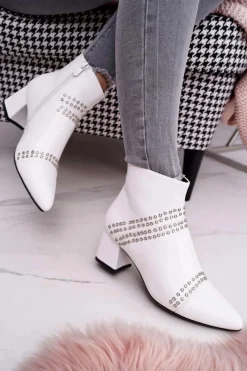 Damskie Botki Na Słupku W Szpic Z Nitami Białe Primma Damskie Botki Na Słupku|Botki Zimowe Damskie