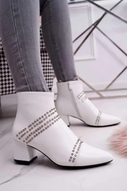 Damskie Botki Na Słupku W Szpic Z Nitami Białe Primma Damskie Botki Na Słupku|Botki Zimowe Damskie