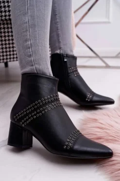 Botki Na Słupku|Botki Zimowe Damskie>Boto Damskie Botki Na Słupku W Szpic Z Nitami Czarne Primma