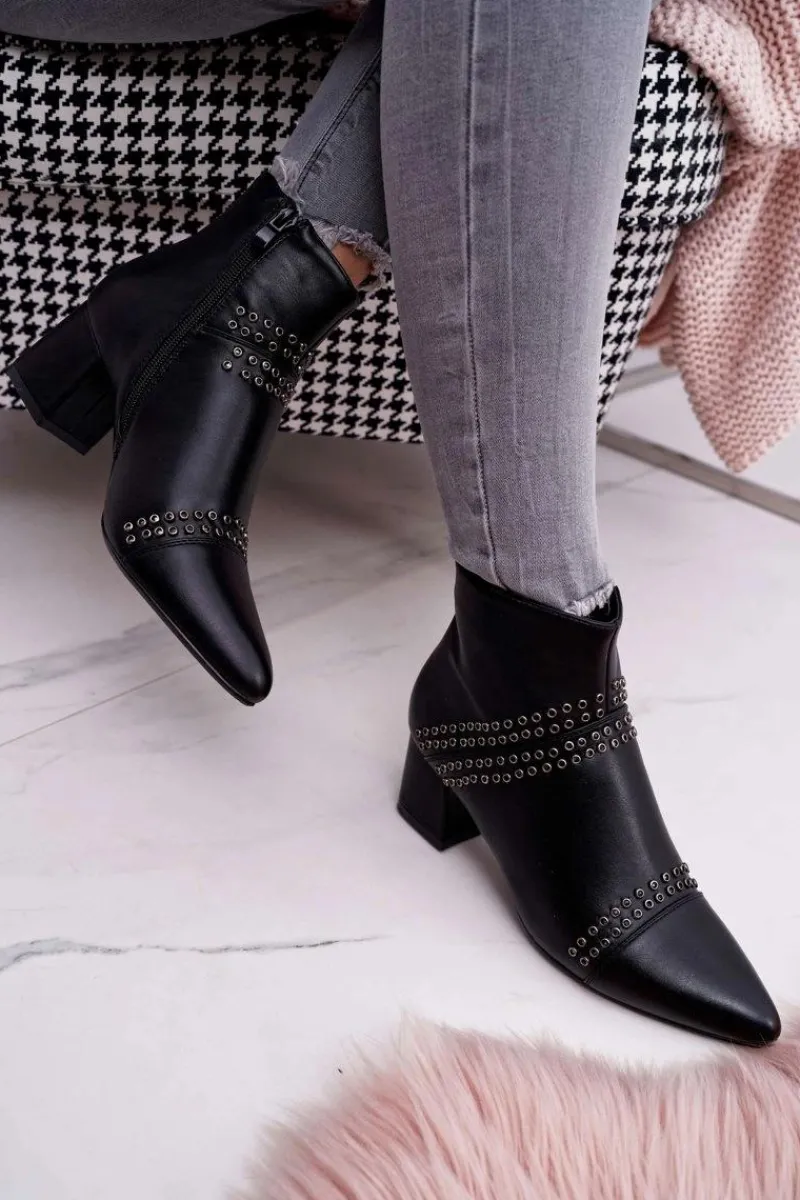 Botki Na Słupku|Botki Zimowe Damskie>Boto Damskie Botki Na Słupku W Szpic Z Nitami Czarne Primma