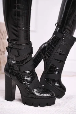 Discount Damskie Botki na Słupku Wysokie Czarne Hortego Damskie Botki Na Słupku|Czarne Botki