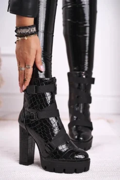 Discount Damskie Botki na Słupku Wysokie Czarne Hortego Damskie Botki Na Słupku|Czarne Botki