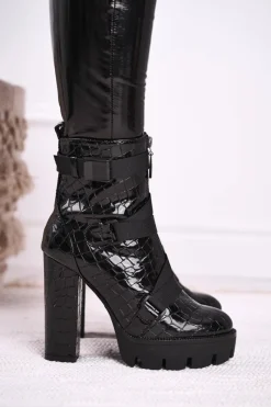 Discount Damskie Botki na Słupku Wysokie Czarne Hortego Damskie Botki Na Słupku|Czarne Botki