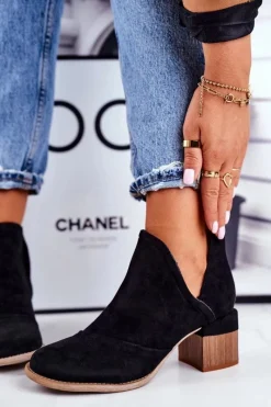 Outlet Boto Damskie Botki Na Słupku Wycięte Czarne Mini Meliori