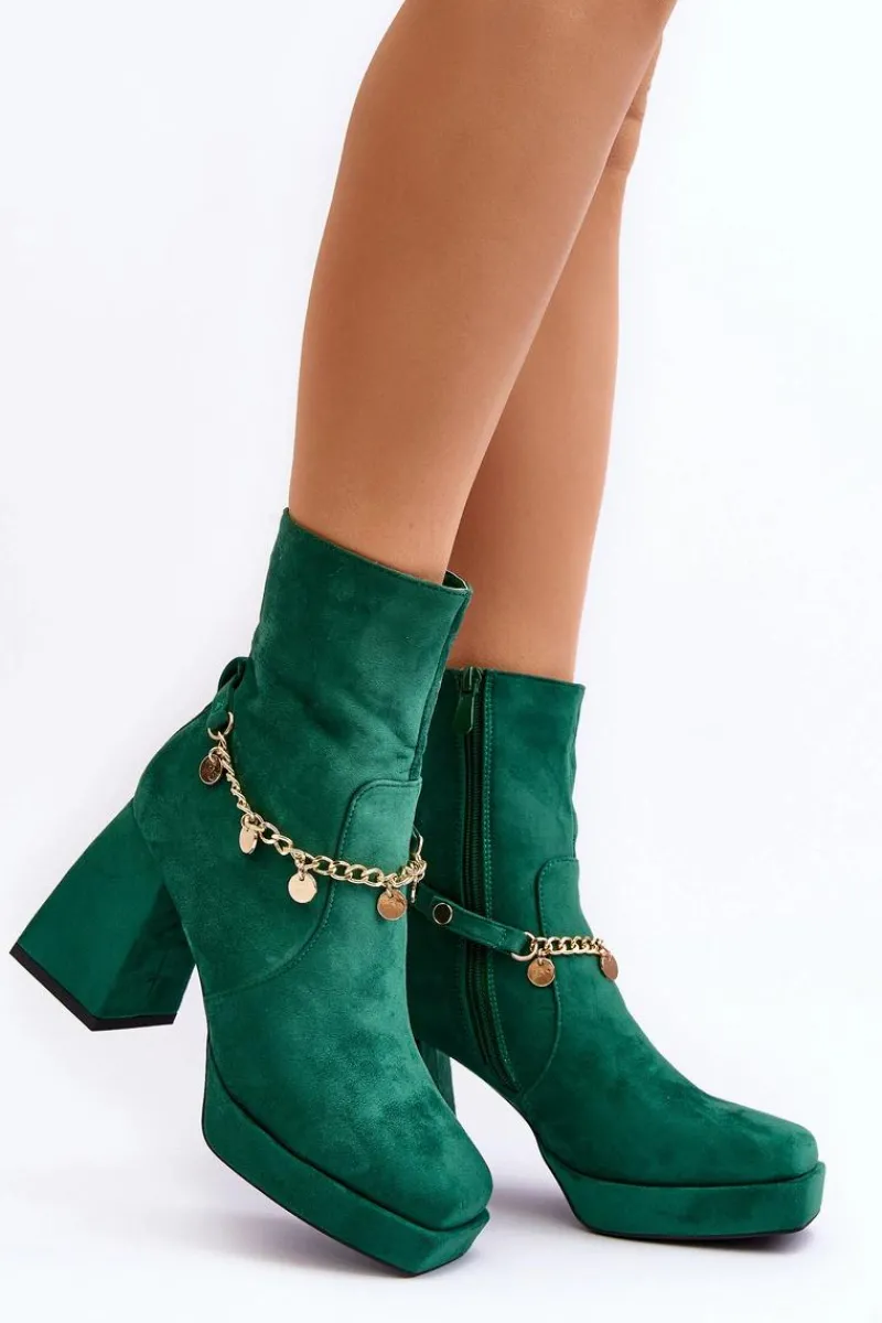 Discount Damskie Botki Na Słupku Z Łańcuszkiem Zielone Tiselo Damskie Botki Ocieplane|Botki Na Słupku