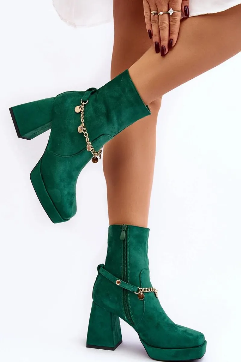 Discount Damskie Botki Na Słupku Z Łańcuszkiem Zielone Tiselo Damskie Botki Ocieplane|Botki Na Słupku