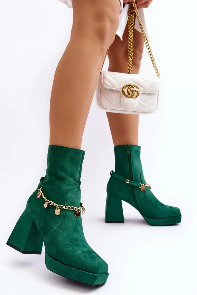 Discount Damskie Botki Na Słupku Z Łańcuszkiem Zielone Tiselo Damskie Botki Ocieplane|Botki Na Słupku