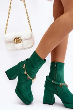 Discount Damskie Botki Na Słupku Z Łańcuszkiem Zielone Tiselo Damskie Botki Ocieplane|Botki Na Słupku