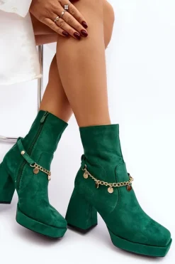 Discount Damskie Botki Na Słupku Z Łańcuszkiem Zielone Tiselo Damskie Botki Ocieplane|Botki Na Słupku