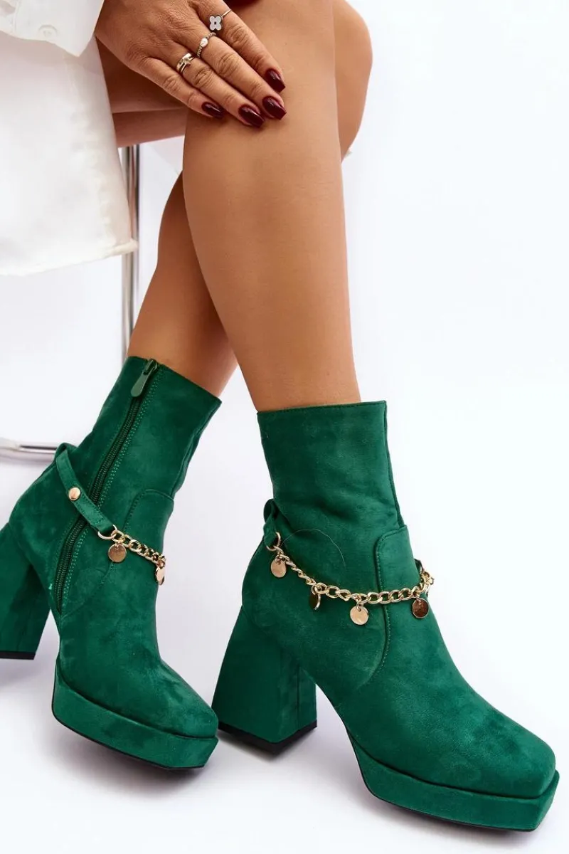 Discount Damskie Botki Na Słupku Z Łańcuszkiem Zielone Tiselo Damskie Botki Ocieplane|Botki Na Słupku