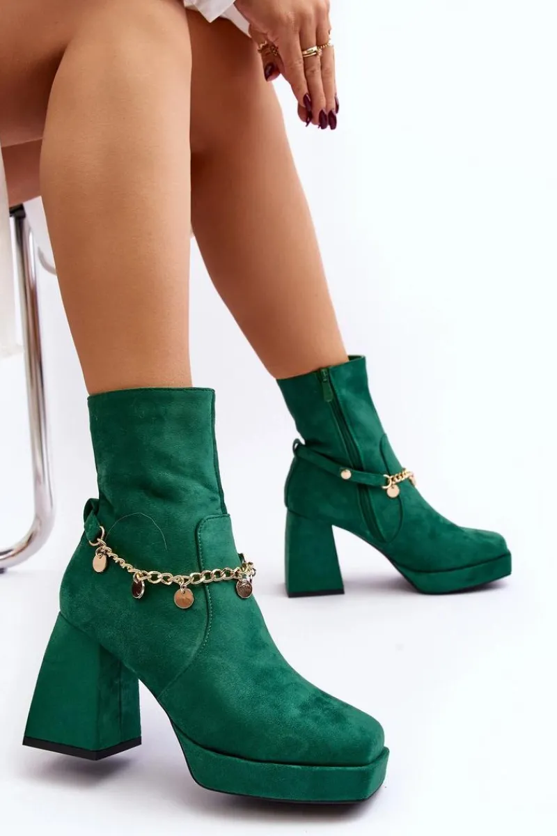 Discount Damskie Botki Na Słupku Z Łańcuszkiem Zielone Tiselo Damskie Botki Ocieplane|Botki Na Słupku