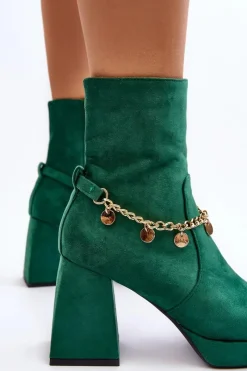 Discount Damskie Botki Na Słupku Z Łańcuszkiem Zielone Tiselo Damskie Botki Ocieplane|Botki Na Słupku