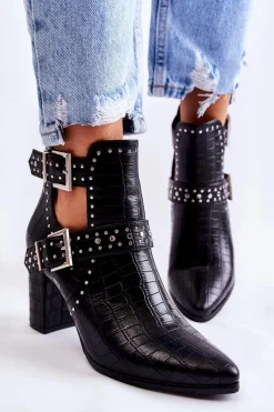 Botki Wiosenne|Botki Na Słupku>Boto Damskie Botki Na Słupku Z Dżetami Czarne Kelin