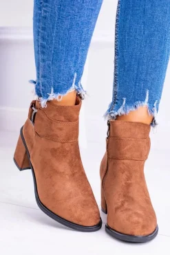 New Boto Damskie Botki Na Słupku Z Klamrą Zamsz Camel Evoret