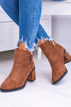 New Boto Damskie Botki Na Słupku Z Klamrą Zamsz Camel Evoret