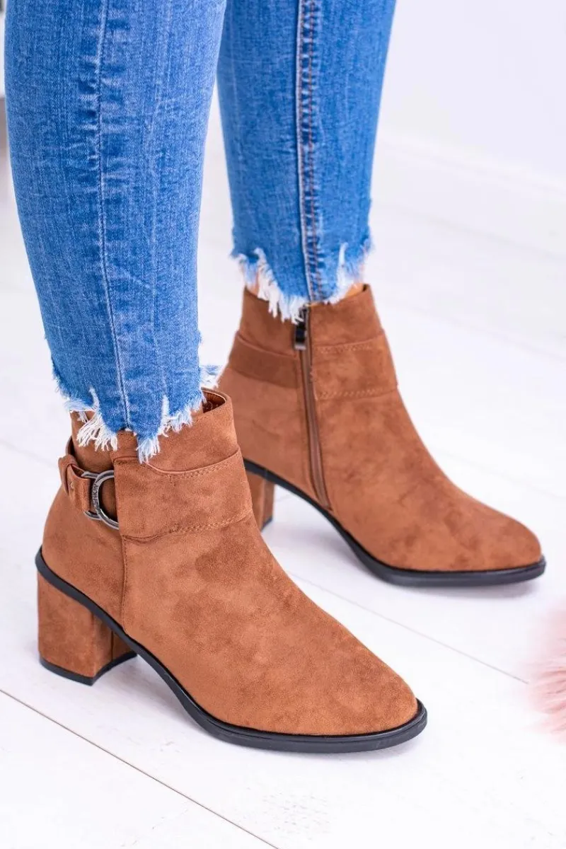 New Boto Damskie Botki Na Słupku Z Klamrą Zamsz Camel Evoret