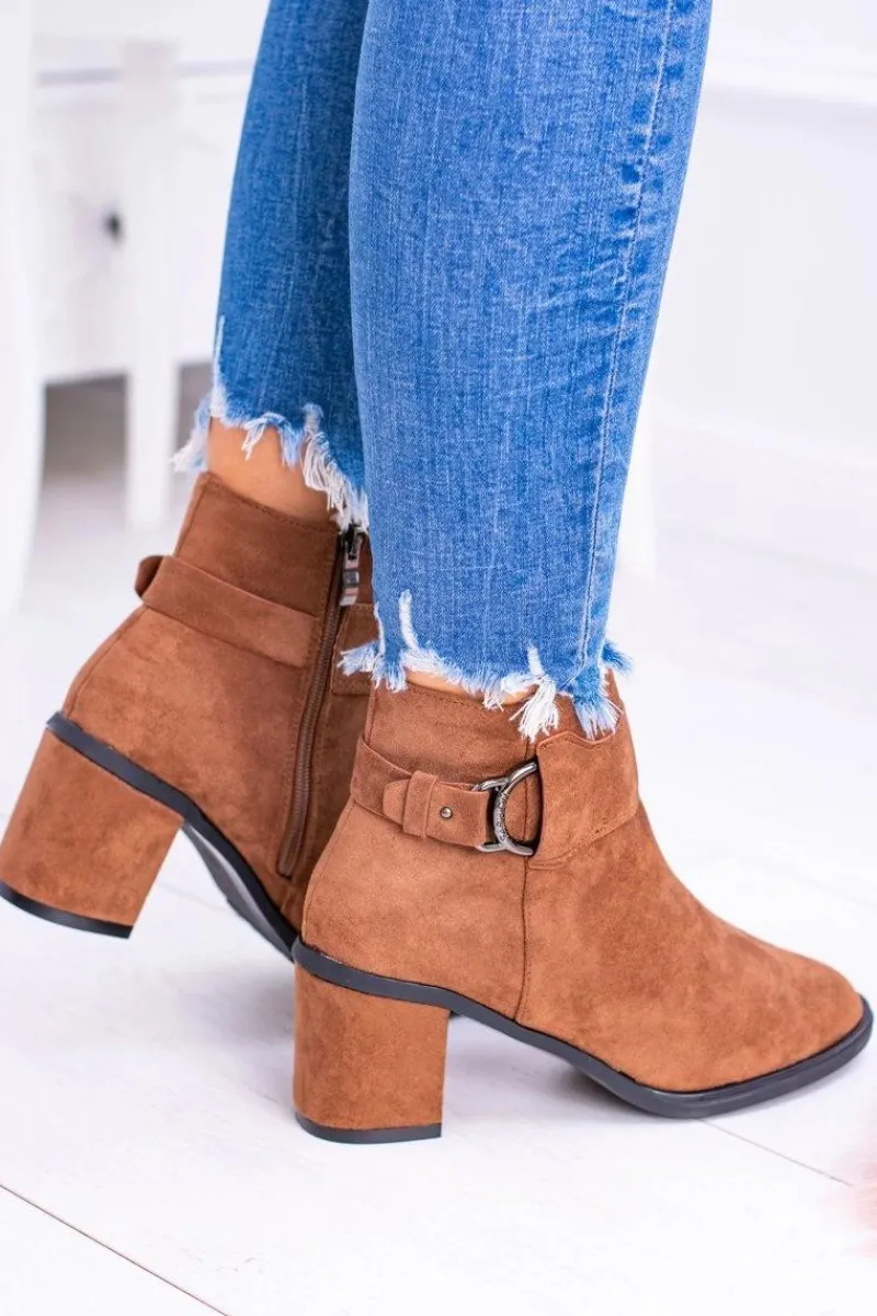 New Boto Damskie Botki Na Słupku Z Klamrą Zamsz Camel Evoret