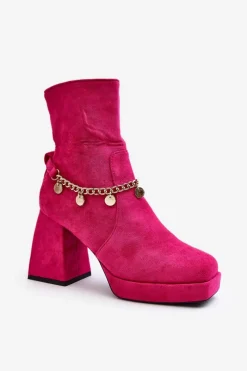 Botki Ocieplane|Botki Na Słupku>Boto Damskie Botki Na Słupku Z Łańcuszkiem Fuksja Tiselo