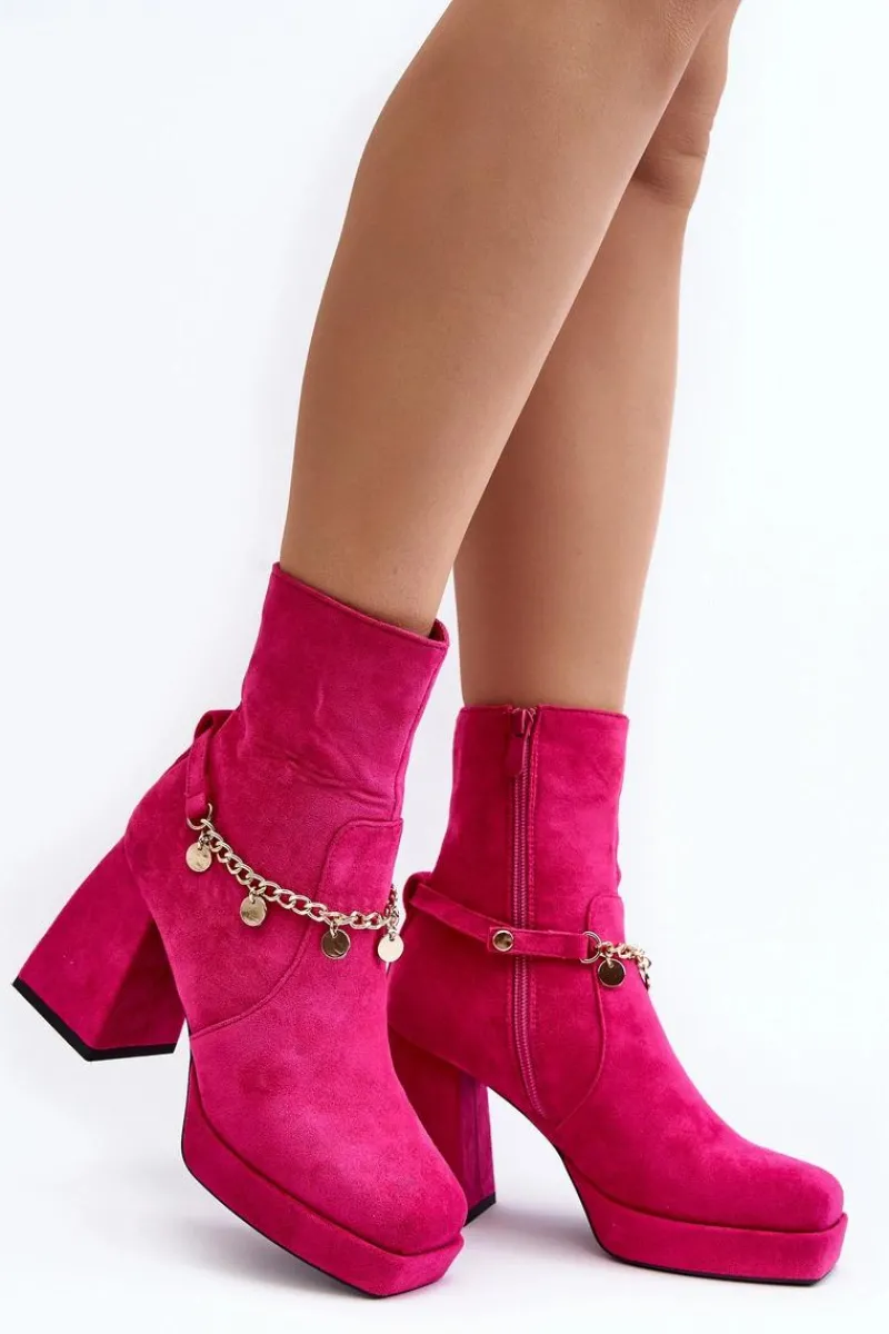 Botki Ocieplane|Botki Na Słupku>Boto Damskie Botki Na Słupku Z Łańcuszkiem Fuksja Tiselo