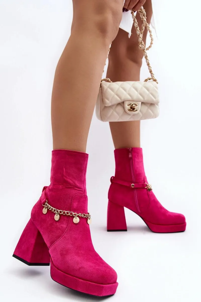 Botki Ocieplane|Botki Na Słupku>Boto Damskie Botki Na Słupku Z Łańcuszkiem Fuksja Tiselo