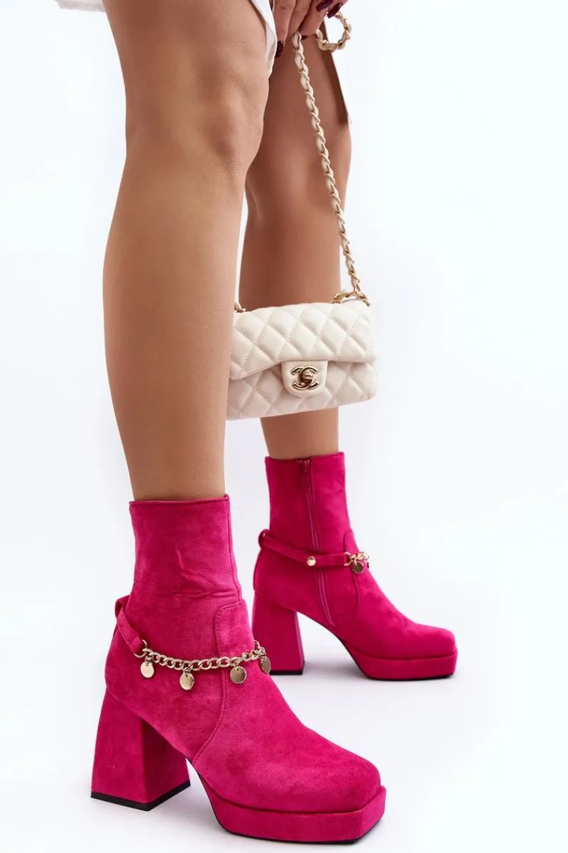 Botki Ocieplane|Botki Na Słupku>Boto Damskie Botki Na Słupku Z Łańcuszkiem Fuksja Tiselo