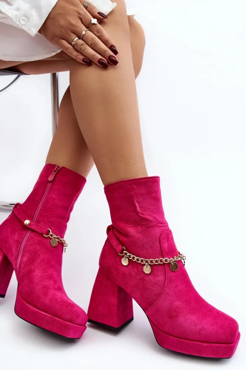Botki Ocieplane|Botki Na Słupku>Boto Damskie Botki Na Słupku Z Łańcuszkiem Fuksja Tiselo