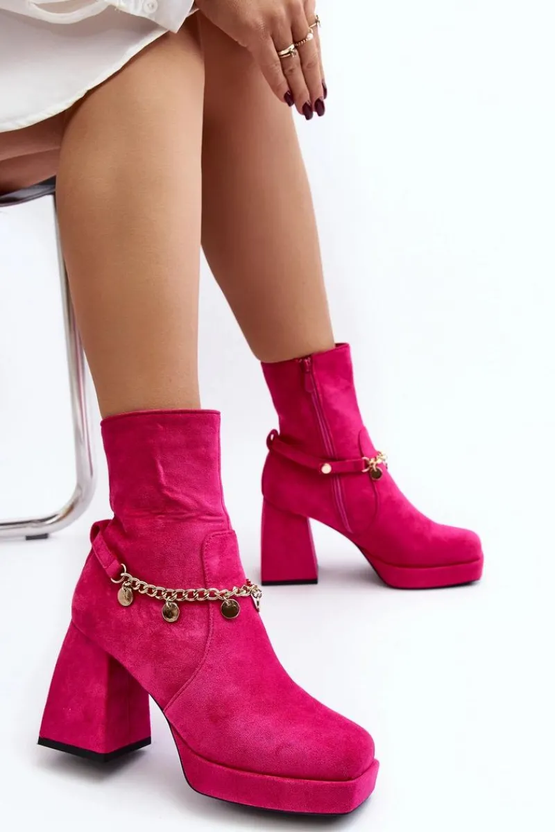 Botki Ocieplane|Botki Na Słupku>Boto Damskie Botki Na Słupku Z Łańcuszkiem Fuksja Tiselo