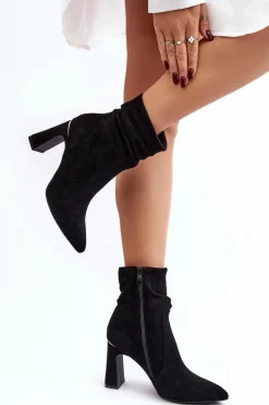 Czarne Botki|Botki Na Obcasie>Boto Damskie Botki Na Słupku Z Marszczoną Cholewką Czarne Phaga